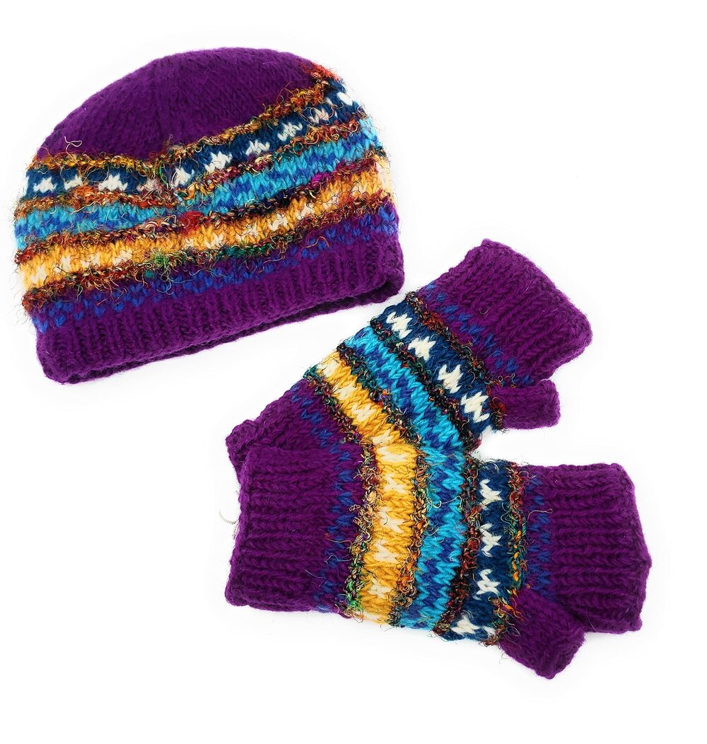 3271 Hand Knit Wool & Recycled Silk Beanie Hat & Fingerless Gloves Set